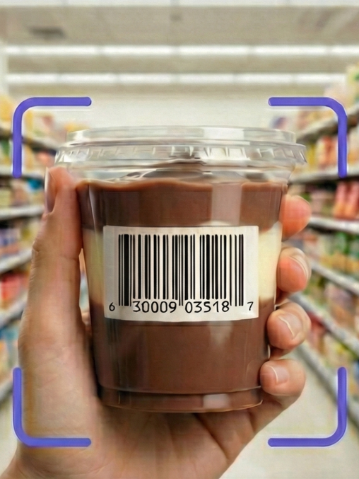 RealFoods iOS app scanning the barcode on a chocolate and vanilla pudding cup in a grocery aisle.