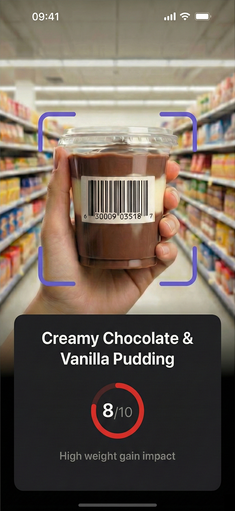 RealFoods iOS app scanning a packaged granola bar barcode, showing a Moderate Impact WI Score of 6 out of 10 in orange with product name and nutritional breakdown.