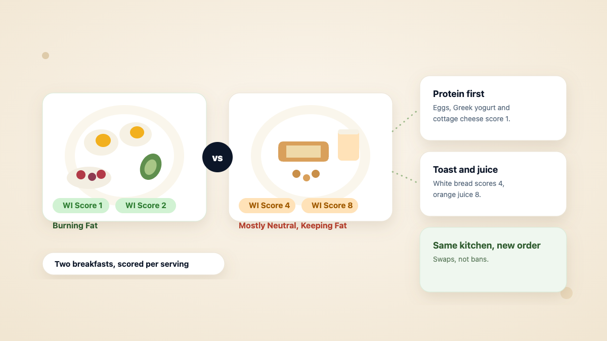 Two breakfast plates scored per serving: eggs and strawberries at Weight Impact 1 and 2, and white toast with orange juice at 4 and 8
