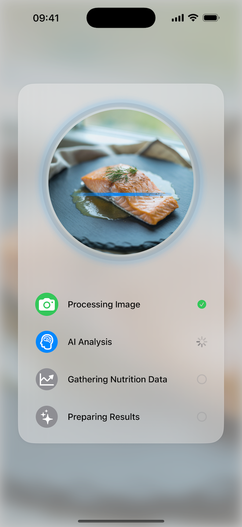 RealFoods iOS app analyzing a photo of grilled chicken salad with mixed greens, cherry tomatoes, and avocado. The AI has completed food recognition and displays a Low Impact WI Score of 3 out of 10 in green with the label Healthy Choice.